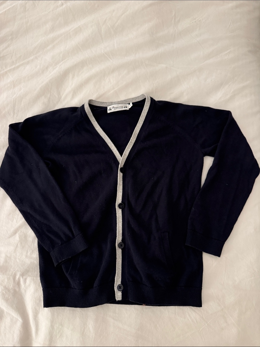 Bonpoint Navy Cardigan with Gray Trim
